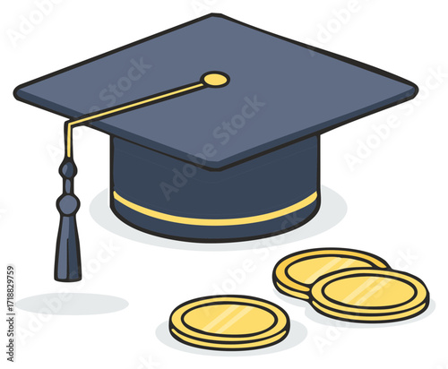 Graduation Cap and Coins Symbolizing Higher Education Costs and Investment