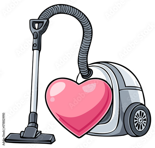 Cartoon of vacuum cleaner and pink heart symbolizing love for cleaning