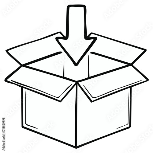 Open cardboard box with downward arrow graphic illustration for packing or shipping