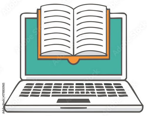 laptop with open book, orange and teal clip art preview