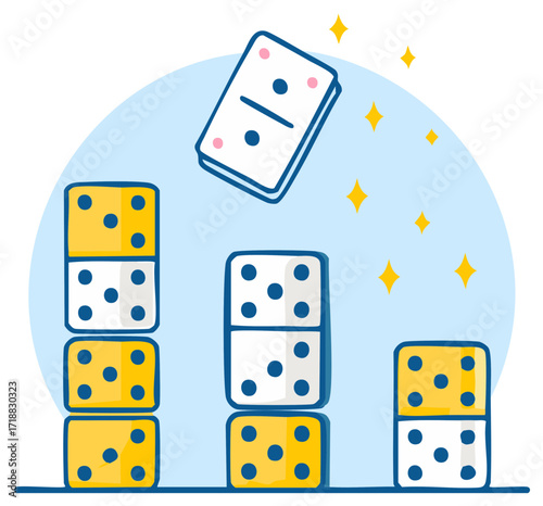 Falling Dominoes: Stacking Colorful Domino Tiles. Concept of Success.