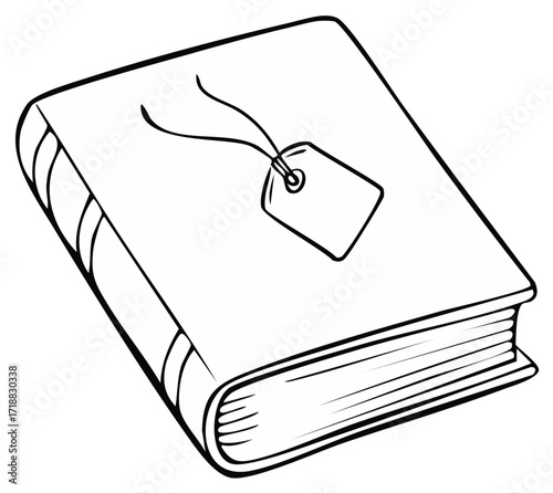 Simple outline drawing of a closed book with a tag attached to its cover