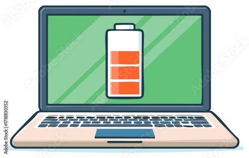 Cartoon laptop with battery life indicator icon on the screen vector illustration
