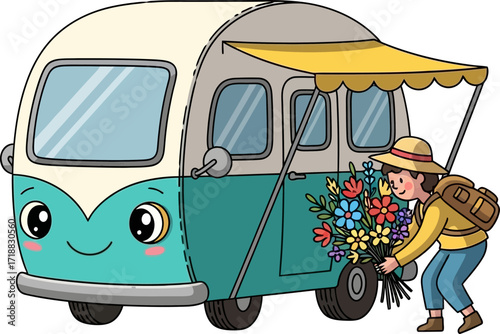happy campers floral road trip a whimsical adventure, isolated on transparent background