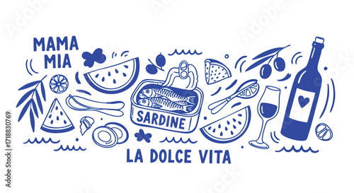 Experience La Dolce Vita with vibrant Italian-inspired elements like sardines, wine, fruit, and joyful phrases for a celebration of life.