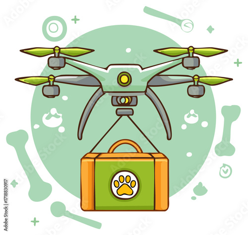 Drone Delivering Pet Supplies with Paw Print Symbol in Cartoon Illustration