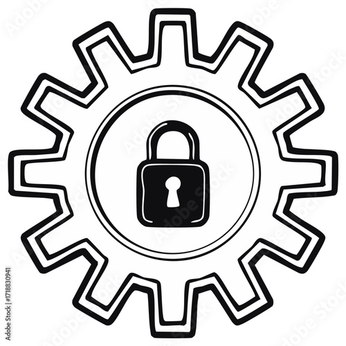 Gear with Padlock Symbolizing Security Mechanism and Protection Process
