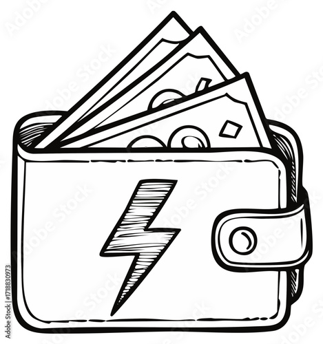 Money-filled wallet with an electric lightning bolt doodle depicting energy costs illustration.