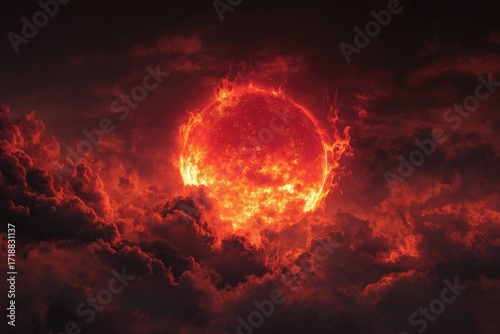 Fiery orb encircled by dark, ominous clouds
