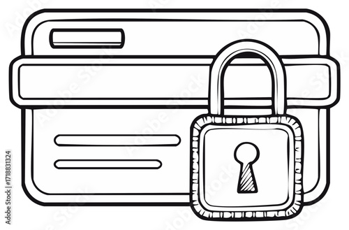 Outline illustration depicting credit cards protected with a padlock as a security symbol