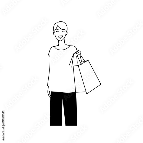 Black and white line art of a beautiful happy woman carrying shopping bags minimalist cheerful illustration