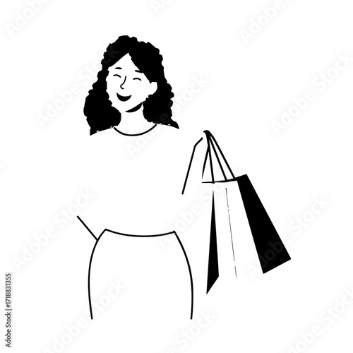 Black and white line art of a beautiful happy woman carrying shopping bags minimalist cheerful illustration