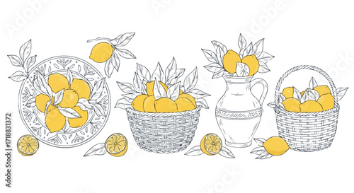 Elegant lemons artfully arranged in basket, pitcher, and plate for vibrant kitchen decor, invoking freshness and summer vibes for a bright, cheerful feel
