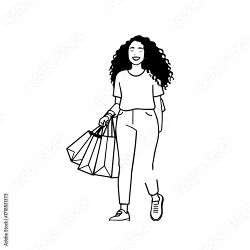 Black and white line art of a beautiful happy woman carrying shopping bags minimalist cheerful illustration