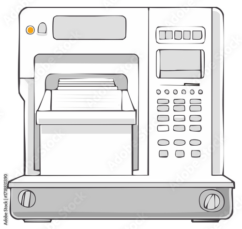Hand drawn line art illustration of a vintage multifunction office printer and fax machine