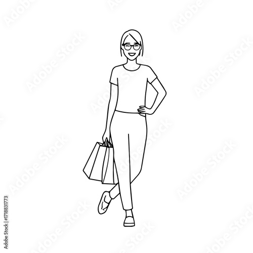 Black and white line art of a beautiful happy woman carrying shopping bags minimalist cheerful illustration