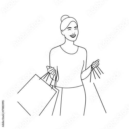 Black and white line art of a beautiful happy woman carrying shopping bags minimalist cheerful illustration