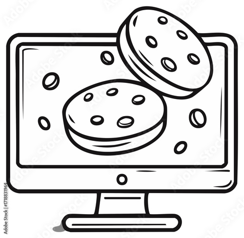 Internet browser cookies floating from a computer monitor screen vector icon