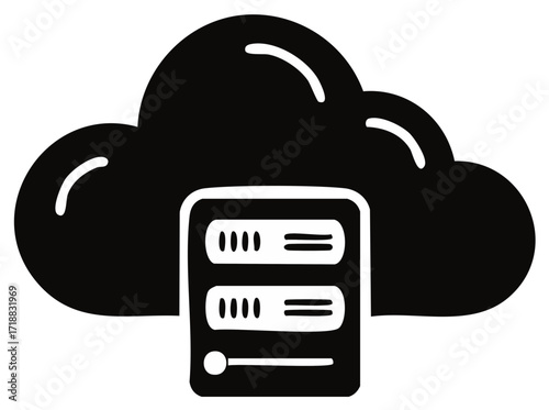 Black cloud icon with server rack, representing cloud computing technology
