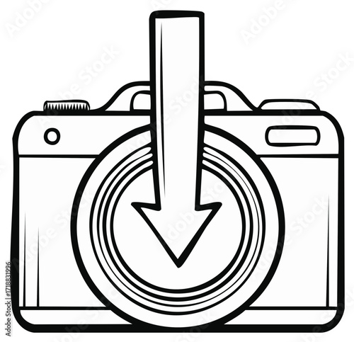 Camera with download arrow icon symbolizing photo upload or transfer