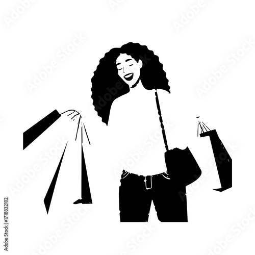 Black and white line art of a beautiful happy woman carrying shopping bags minimalist cheerful illustration