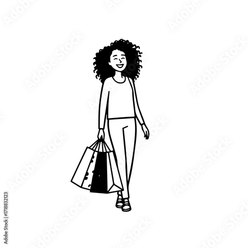 Black and white line art of a beautiful happy woman carrying shopping bags minimalist cheerful illustration