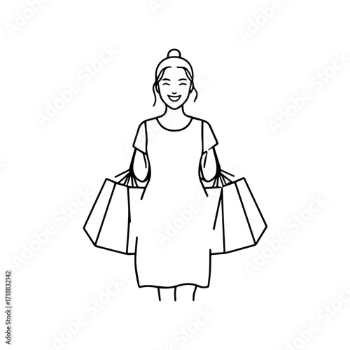 Black and white line art of a beautiful happy woman carrying shopping bags minimalist cheerful illustration