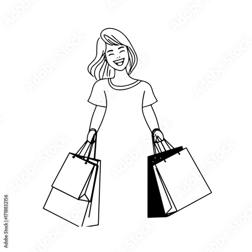 Black and white line art of a beautiful happy woman carrying shopping bags minimalist cheerful illustration