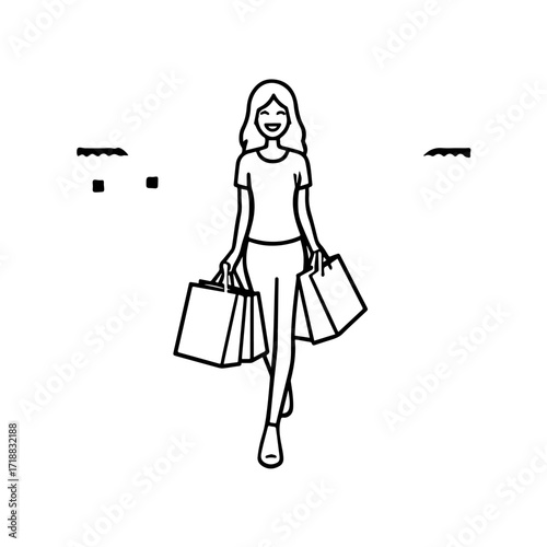 Black and white line art of a beautiful happy woman carrying shopping bags minimalist cheerful illustration