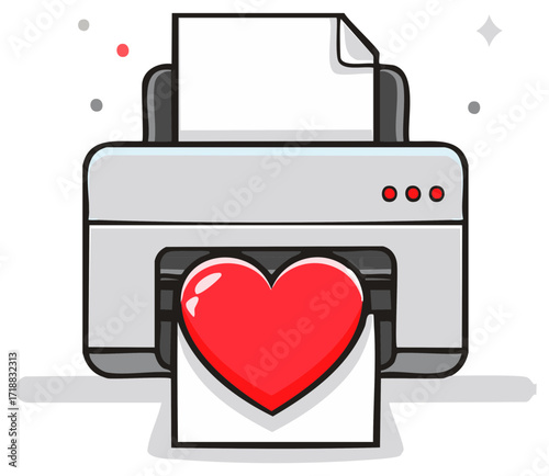 Office printer prints a sheet of paper with a large red heart symbol of love and romance
