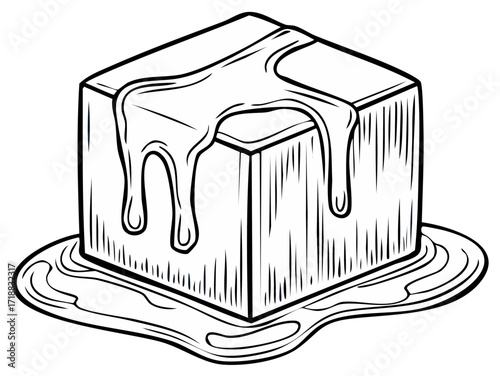 Black and white line art illustration of a melting cube