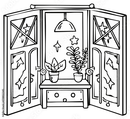 Cute line art drawing of plants and stars inside an open doorway
