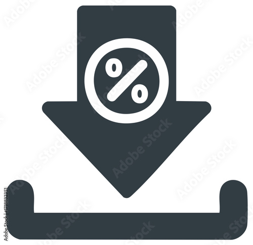 Percentage icon with downward arrow for discount sales or digital download progress