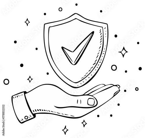 Hand presenting a shield with a check mark, security and assurance concept in line art, guarantee emblem