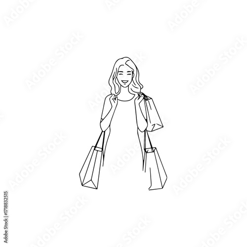 Black and white line art of a beautiful happy woman carrying shopping bags minimalist cheerful illustration