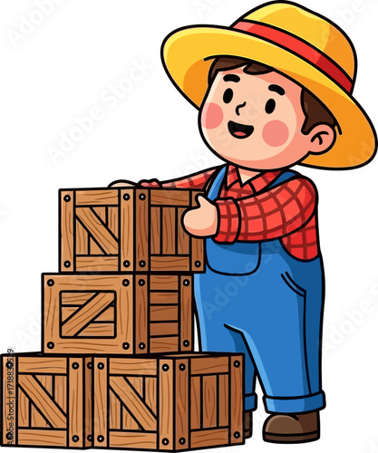 happy farmer stacks wooden crates a joyful cartoon of harvest bounty, isolated on transparent background