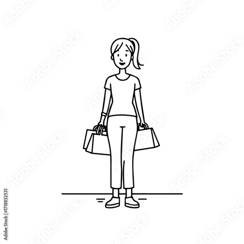 Black and white line art of a beautiful happy woman carrying shopping bags minimalist cheerful illustration