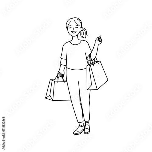 Black and white line art of a beautiful happy woman carrying shopping bags minimalist cheerful illustration