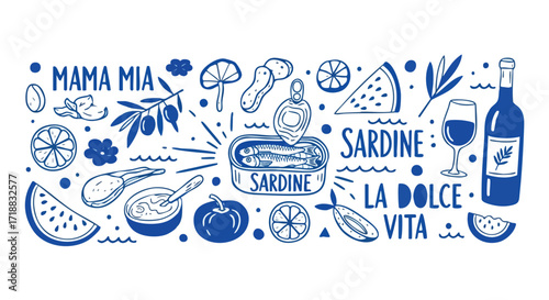 Indulge in the sweet life with vibrant Italian-inspired illustrations of sardines, wine, olives, and citrus bursts, perfect for culinary branding.