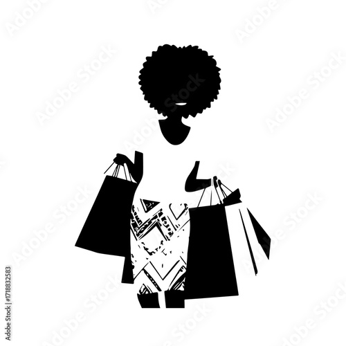 Black and white line art of a beautiful happy woman carrying shopping bags minimalist cheerful illustration