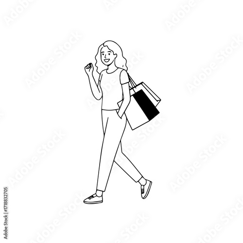 Black and white line art of a beautiful happy woman carrying shopping bags minimalist cheerful illustration