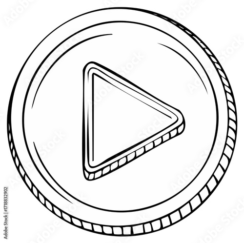 Hand drawn play button icon illustration in a black and white sketch style