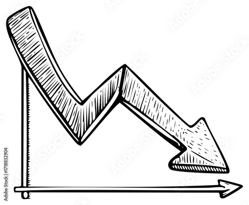 Hand-drawn style, business graph showing decline with horizontal arrow and graph indicator
