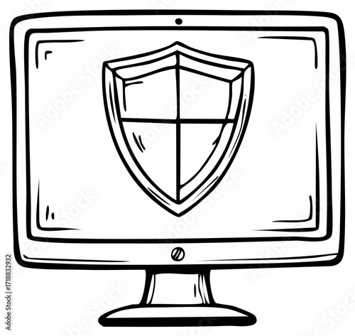 Computer Monitor Displaying Shield Symbol Black Line Art Style Security Concept