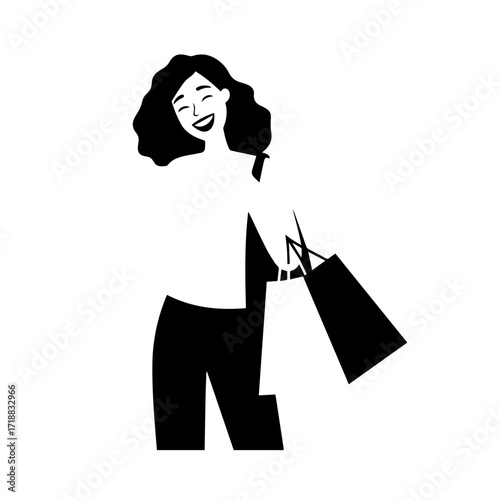 Black and white line art of a beautiful happy woman carrying shopping bags minimalist cheerful illustration
