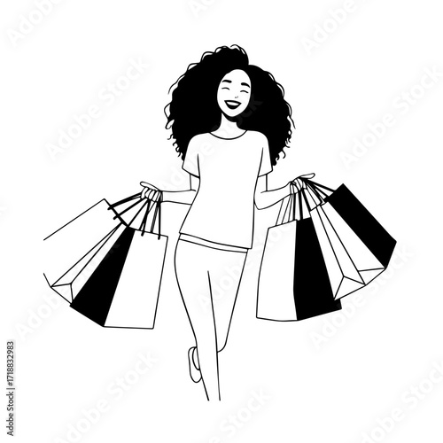Black and white line art of a beautiful happy woman carrying shopping bags minimalist cheerful illustration