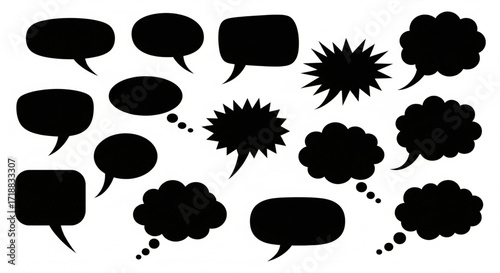 Collection of diverse black speech bubbles and thought bubbles, various shapes and sizes, isolated on white.
