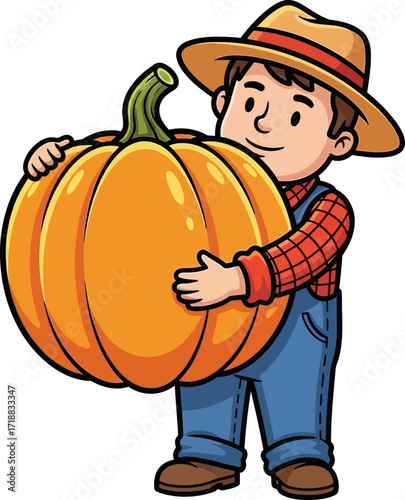 happy farmers bountiful harvest a giant pumpkin embrace, isolated on transparent background