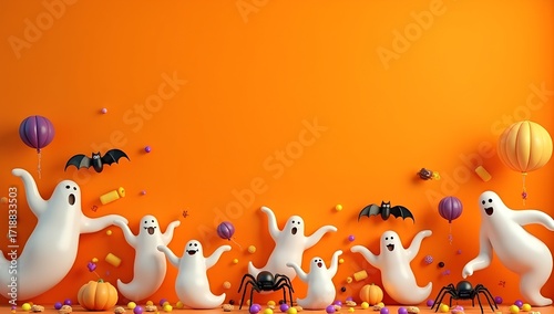 Halloween orange color background with bats and 3D ghost   