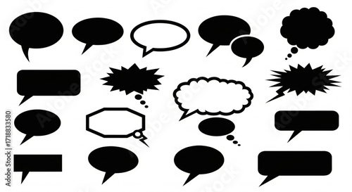 A collection of various black and white speech bubbles, representing thoughts and conversations.